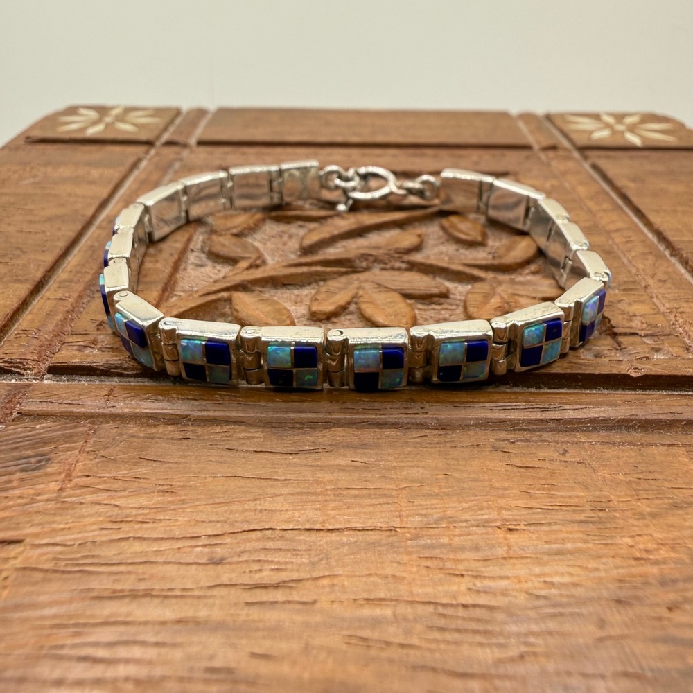 Sterling Silver Blue Opal and Lapis Checker Square Link Bracelet Geometric 925 - Picture 6 of 8